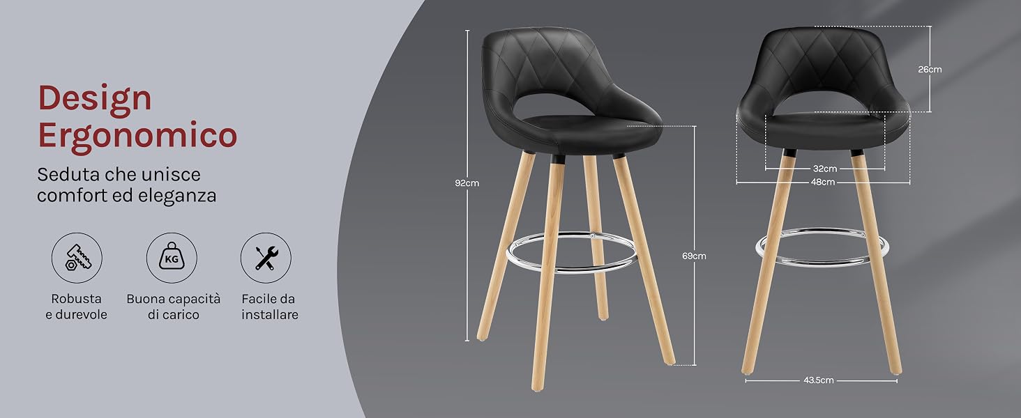 Due sgabelli da bar ergonomici con sedili imbottiti neri, gambe in legno e poggiapiedi in metallo. Le caratteristiche del prodotto includono comfort, stabilità e durata, come indicato dalle icone.