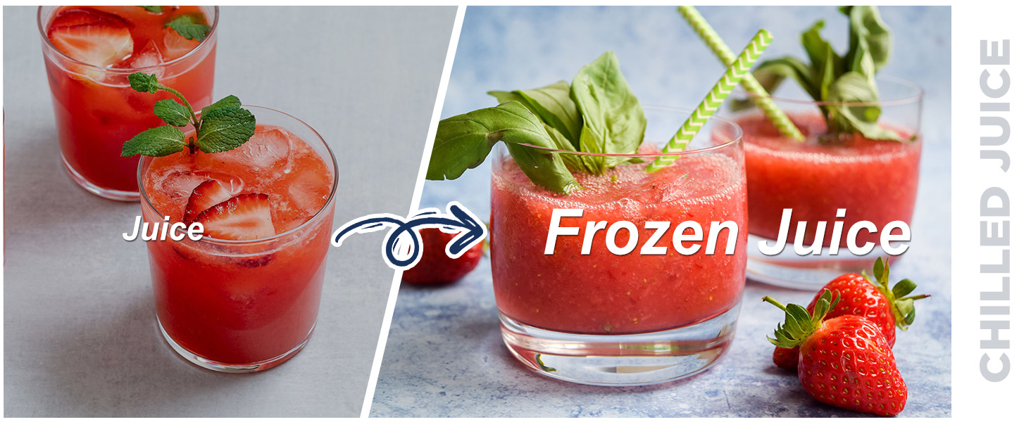 Text reads 'Juice' and 'Frozen Juice'.
[SENTENCE 5] Side
[SENTENCE 6] -by-side comparison of red beverages garnished with mint and strawberries, showing regular and frozen versions.
