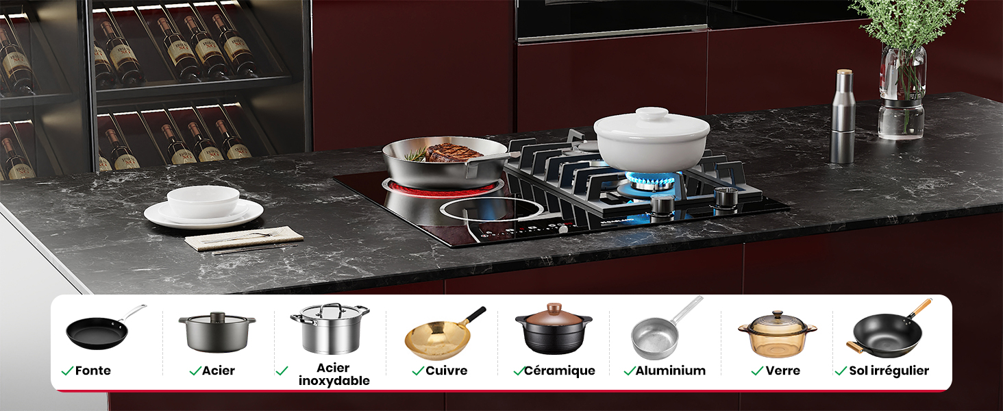 Ensemble d'ustensiles de cuisine affiché avec les icônes étiquetées ci-dessous montrant : poêle à frire, gril, ustensiles de cuisine, spatule, couteau de cuisine, poêle en aluminium, cuillère, réfrigérateur. Cadre de comptoir en marbre noir.