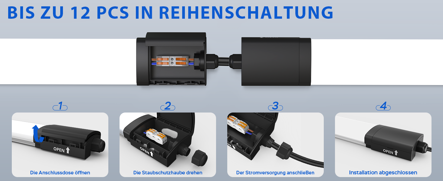 Vierstufige Montageanleitung, die schwarze elektronische Komponenten zeigt, die in Reihe geschaltet werden. Der Text weist darauf hin, dass bis zu 12 Teile angeschlossen werden können