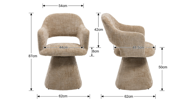 Technical diagram showing dimensions and measurements of an upholstered chair from multiple angles, including width and height specifications.