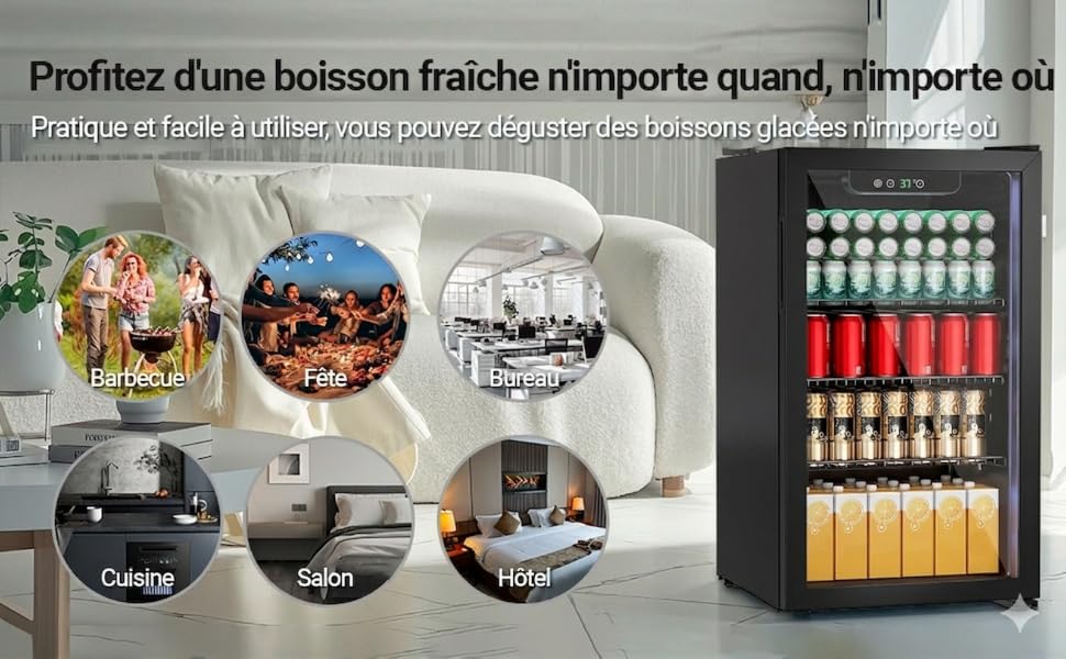 Le texte se lit comme suit : « Profitez d'une boisson fraîche n'importe quand, n'importe où ». Collection d'images de style de vie montrant des boissons et un refroidisseur de boissons moderne avec écran éclairé.