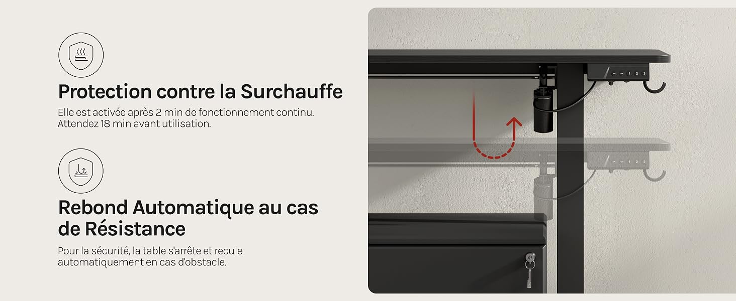 Le texte indique « Protection contre la Surchauffe » et « Rebond Automatique au cas de Résistance ». Schéma technique montrant les caractéristiques de sécurité mécanique d'un appareil avec des flèches et des indicateurs.