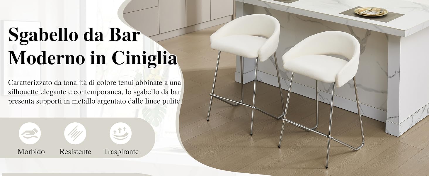 Il testo recita «Gabello da Bar Moderno in Giallo». Moderna area salotto da bar con sgabelli e sedie bianchi in un ambiente minimalista con pavimento beige.