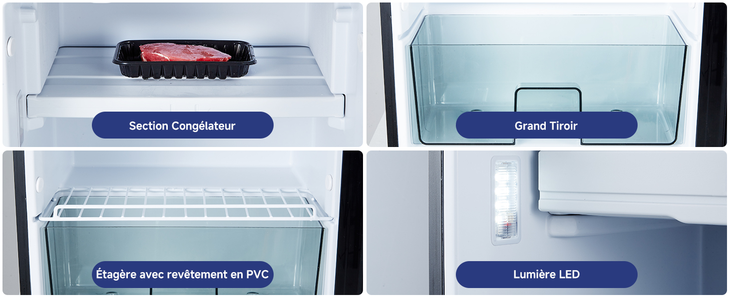 Le texte indique « Section Congélateur », « Grand Tiroir », « Étagère avec revêtement en PVC », « Lumière LED ». Plusieurs vues intérieures des compartiments et des caractéristiques du réfrigérateur.