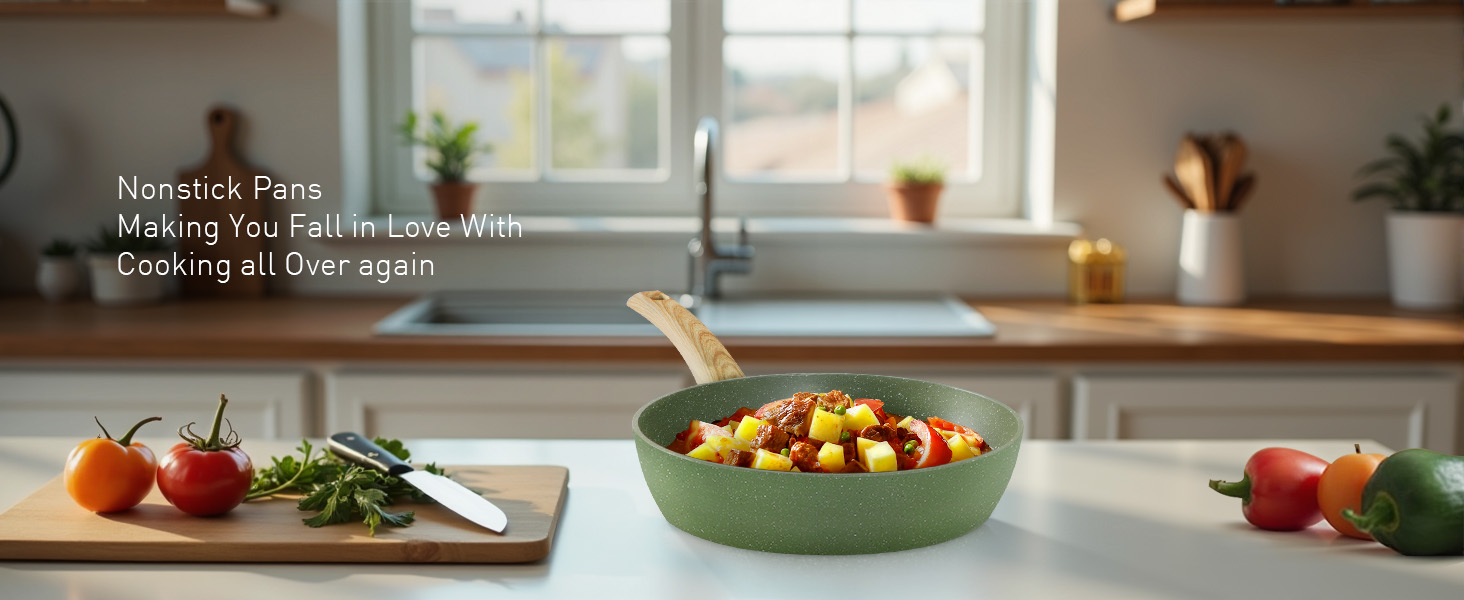 Kitchen scene with wooden cutting board holding tomatoes and herbs, green bowl of colorful salad on counter.