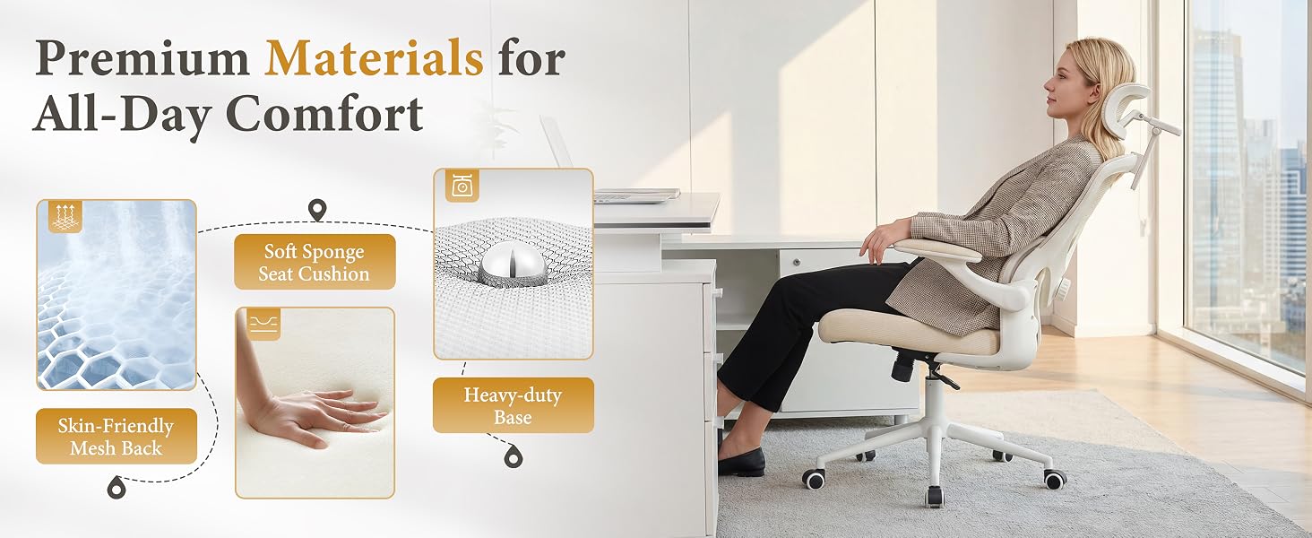 Text reads: 'Premium Materials for All-Day Comfort'. Office chair with white and wood-tone base shown in lifestyle setting with person reclining, demonstrating ergonomic comfort features and premium material construction.