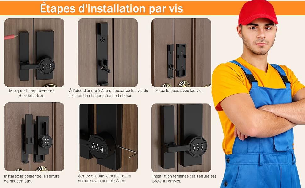Le texte se lit comme suit : « Étapes d'installation par vis ». Six panneaux d'installation montrant des supports noirs muraux et de la quincaillerie avec un technicien masculin en chemise jaune et casquette rouge illustrant le processus d'installation.