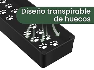 Recipiente rectangular negro con orificios en forma de huella de pata. El texto superpuesto dice «Diseño transpirable de huecos