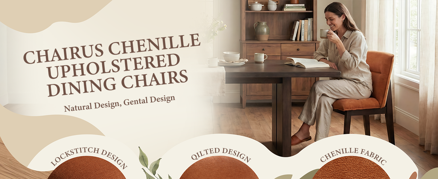 Text reads 'CHAIRES CHENILLE UPHOLSTERED DINING CHAIRS'. Interior scene showing upholstered dining chair in a home setting.