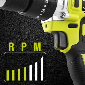 Le texte indique « RPM » avec une visualisation graphique à barres montrant les niveaux croissants en jaune et blanc sur fond noir. Gros plan de l'outil électrique avec boîtier jaune fluo visible.