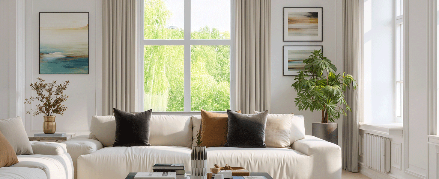 El interior de la moderna sala de estar incluye un sofá seccional beige, cortinas grises y grandes ventanales con luz natural.