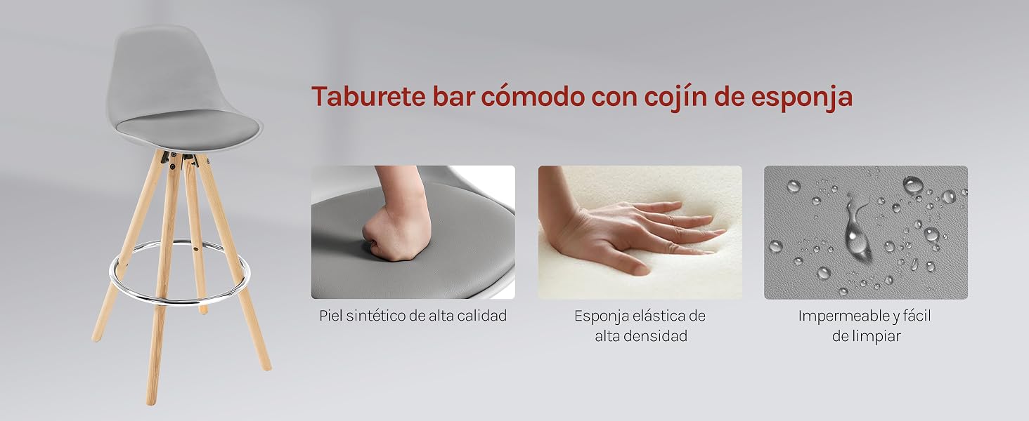 Taburete de bar moderno con asiento gris claro y patas de madera. Los cuatro paneles muestran características de comodidad: taburete completo, cojín para los pies, espuma prensada a mano y superficie resistente al agua