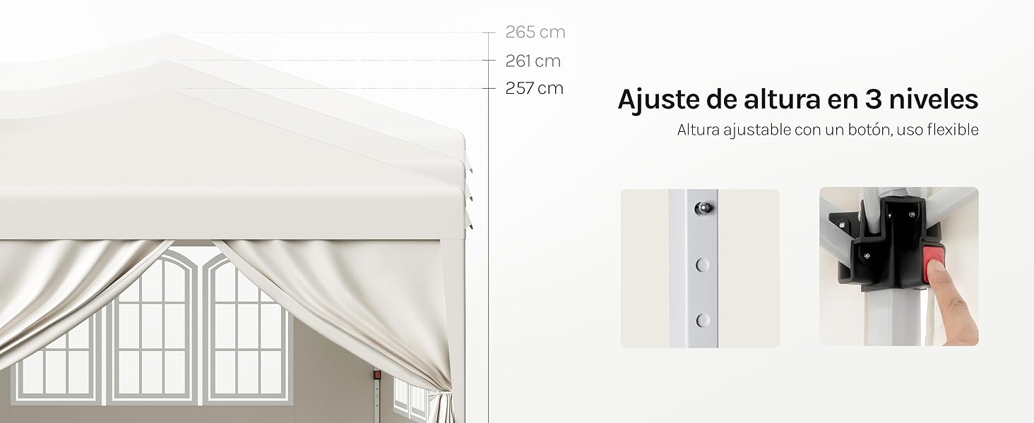 El texto dice «Ajuste de altura en 3 niveles». Imagen de tres paneles que muestra una ventana con cortinas, el mecanismo de ajuste de altura y una demostración de instalación del sistema de tratamiento de ventanas.