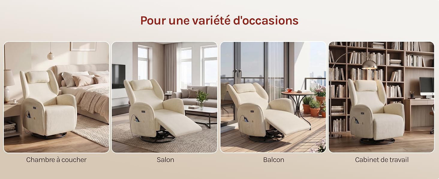 Le texte se lit comme suit : « Pour une variété d'occasions ». Quatre fauteuils rembourrés beige/crème présentés dans différents réglages : position relaxante, vue latérale, position inclinée et contexte du salon.