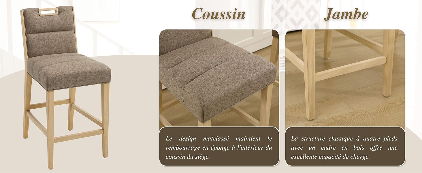 Plusieurs vues de chaises de salle à manger rembourrées avec cadres en bois. Montre les variations « Classic » et « Junior » sous différents angles, illustrant les détails de construction et de conception.