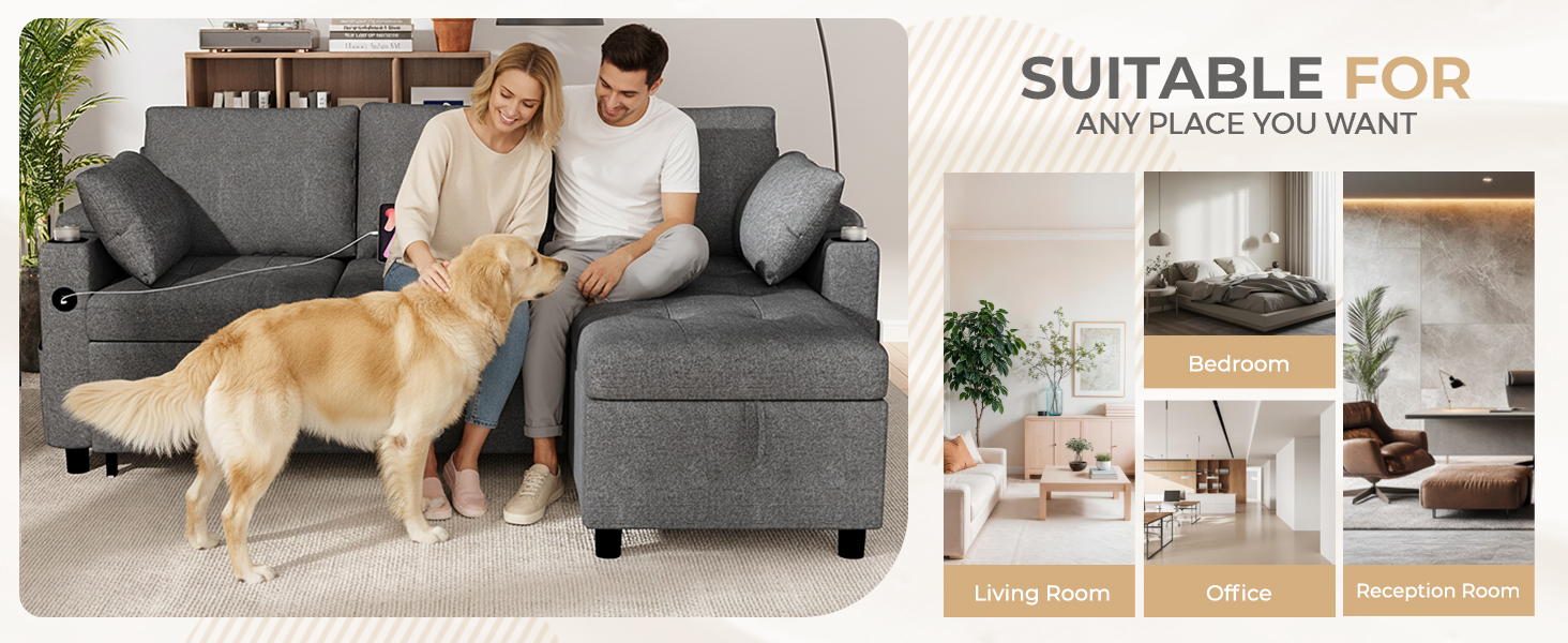 Der Text lautet „GEEIGNET FÜR JEDEN ORT, DEN SIE WOLLEN“. Marketingbilder, die eine graue Couch in einem Wohnzimmer zeigen, mit der ein Golden Retriever interagiert.