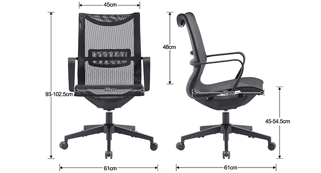 Schéma des spécifications techniques d'une chaise de bureau ergonomique en maille montrant les vues de face et de côté avec les dimensions en centimètres, y compris les mesures de hauteur, de largeur et de profondeur pour référence d'assemblage.
