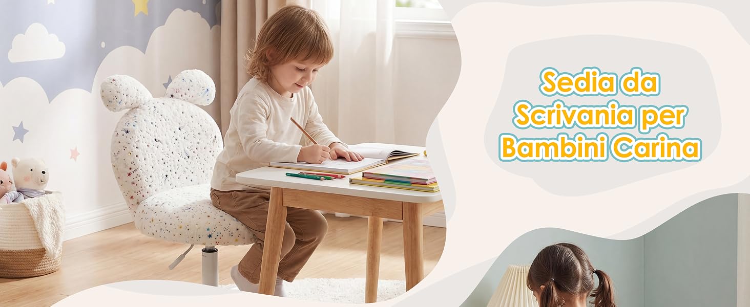 Il testo recita 'Sedia da Scrivania per Bambini Carina'. Immagini che mostrano un set di sedie e scrivania per bambini con motivo a stelle bianche.