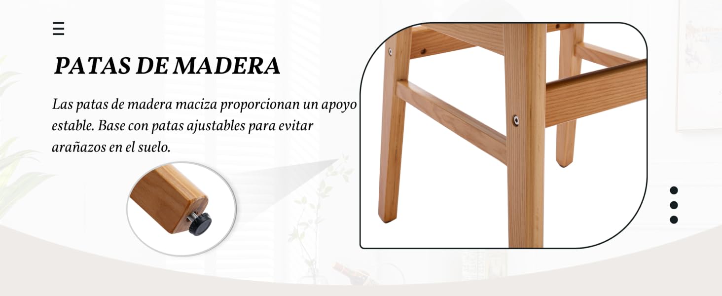 Patas de silla de madera con texto «PATAS DE MADERA». La imagen principal muestra patas de madera maciza, mientras que en el recuadro se muestra una almohadilla ajustable para los pies. El texto en español describe un soporte estable y una protección del suelo