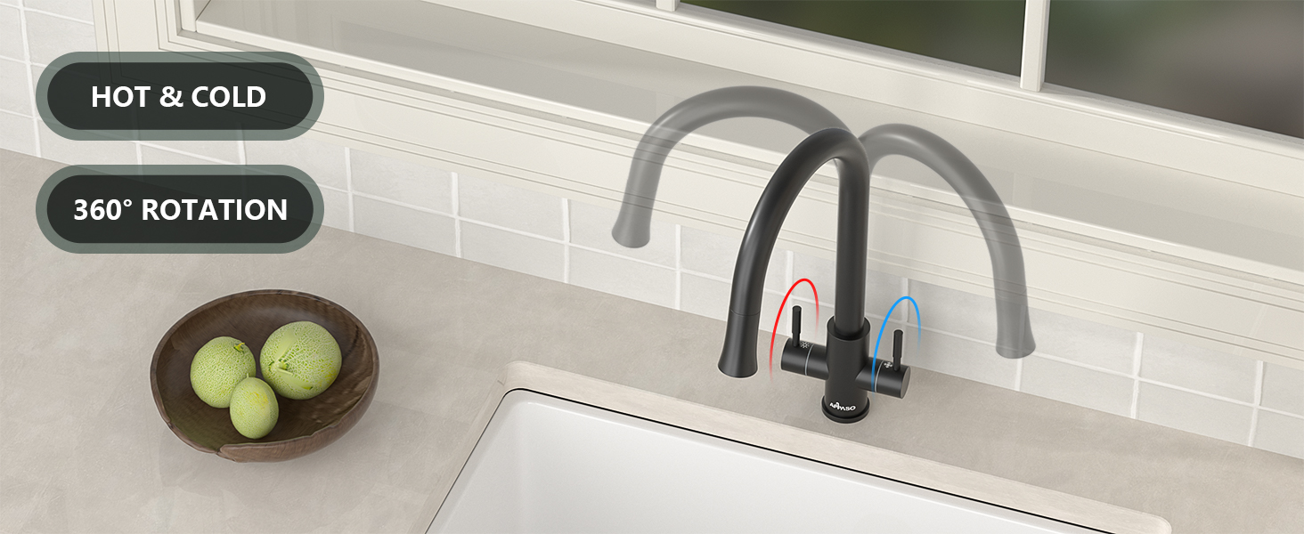 Text reads 'HOT &amp; COLD' and '360° ROTATION'. Kitchen sink area showing faucet functionality with rotation indicators and temperature control features.