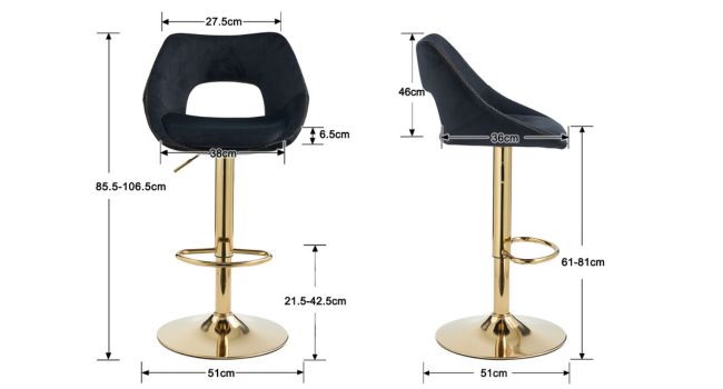 Technical diagram showing dimensions of bar stool design with black seat, featuring detailed measurements and gold-toned base structure.