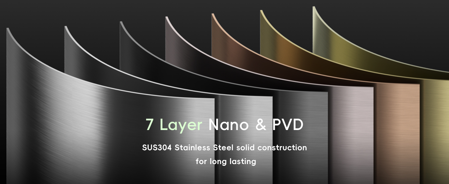 Curved metallic panels showing 7-layer nano and PVD coating technology, featuring SUS304 stainless steel in various metallic finishes from silver to gold.