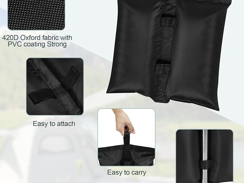 Black fitness sandbag with multiple panels showing fabric texture, attachment method, carry handle, and double chamber design. Text reads: 