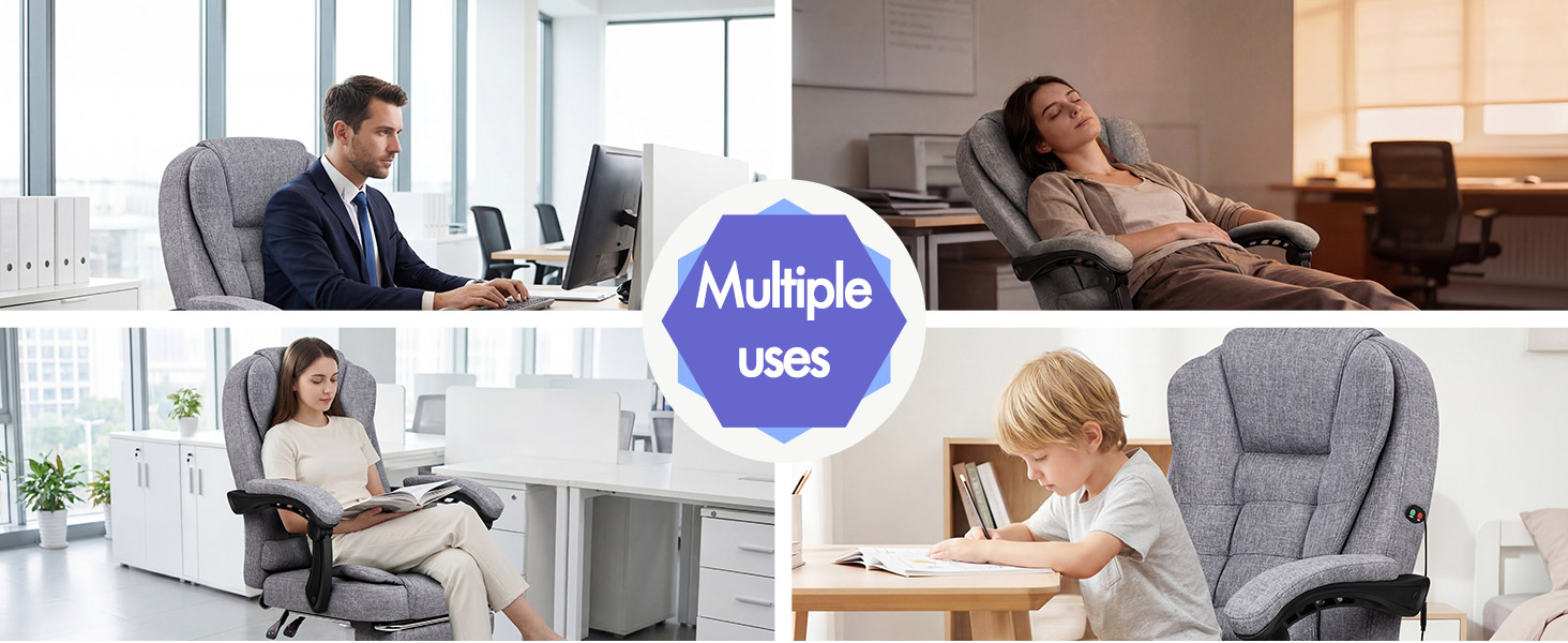 Multiple lifestyle scene photos showing people working at desks in offices and homes, with "Multiple Uses" text overlay in purple circle, demonstrating various work environments and settings.