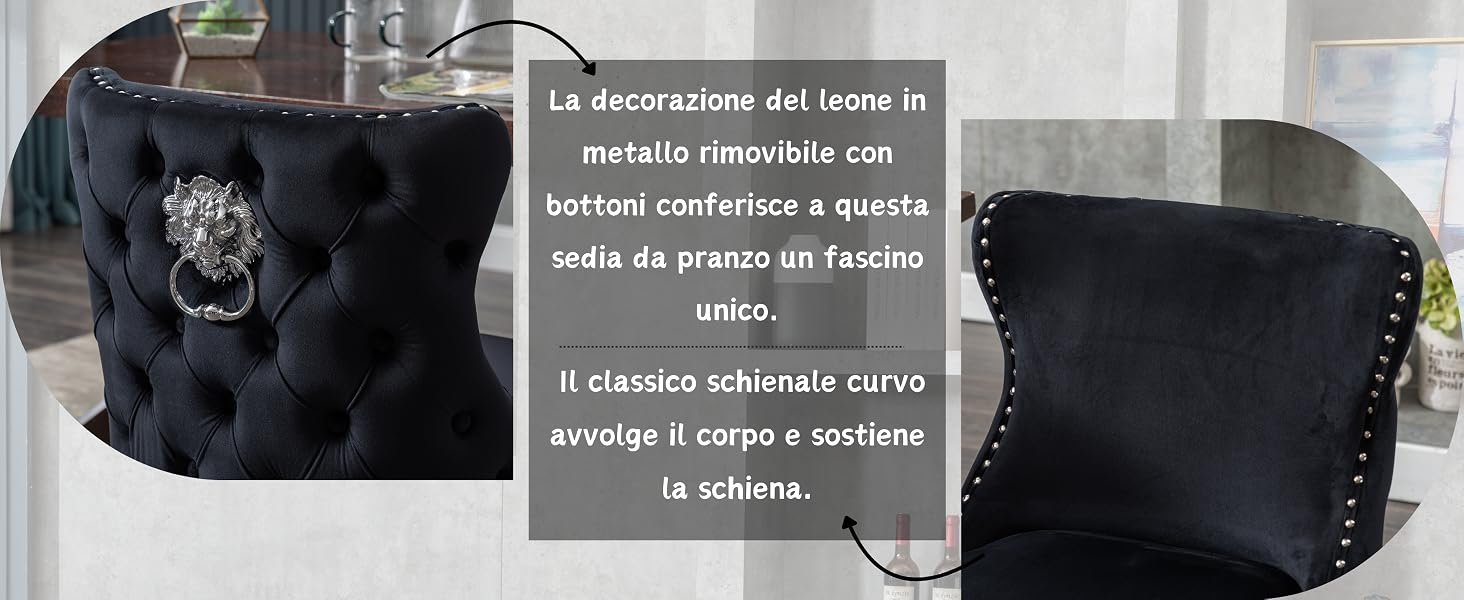 Sedia da pranzo in velluto nero con schienale trapuntato e finiture con borchie argentate. Design curvo con accento in metallo a forma di testa di leone sul retro. La sovrapposizione di testo descrive caratteristiche uniche