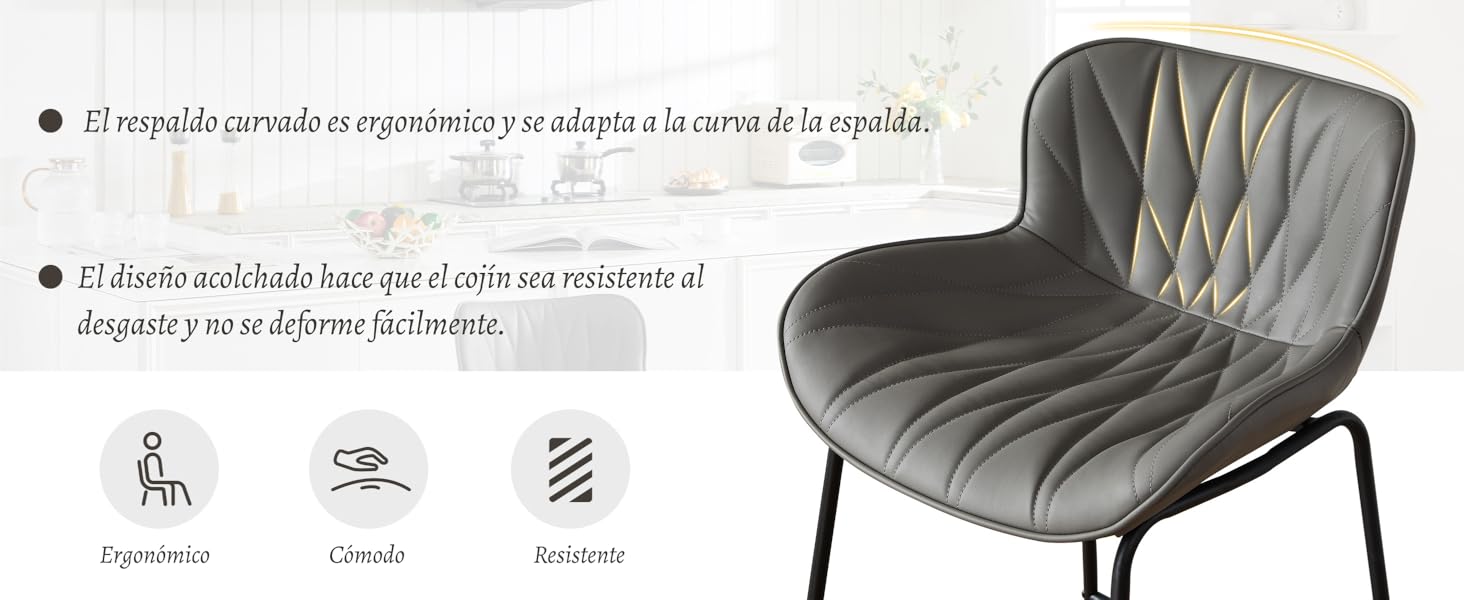 Silla tapizada gris con patrón acolchado que se muestra con iconos de especificaciones del producto y diagramas que muestran las características y las instrucciones de montaje.