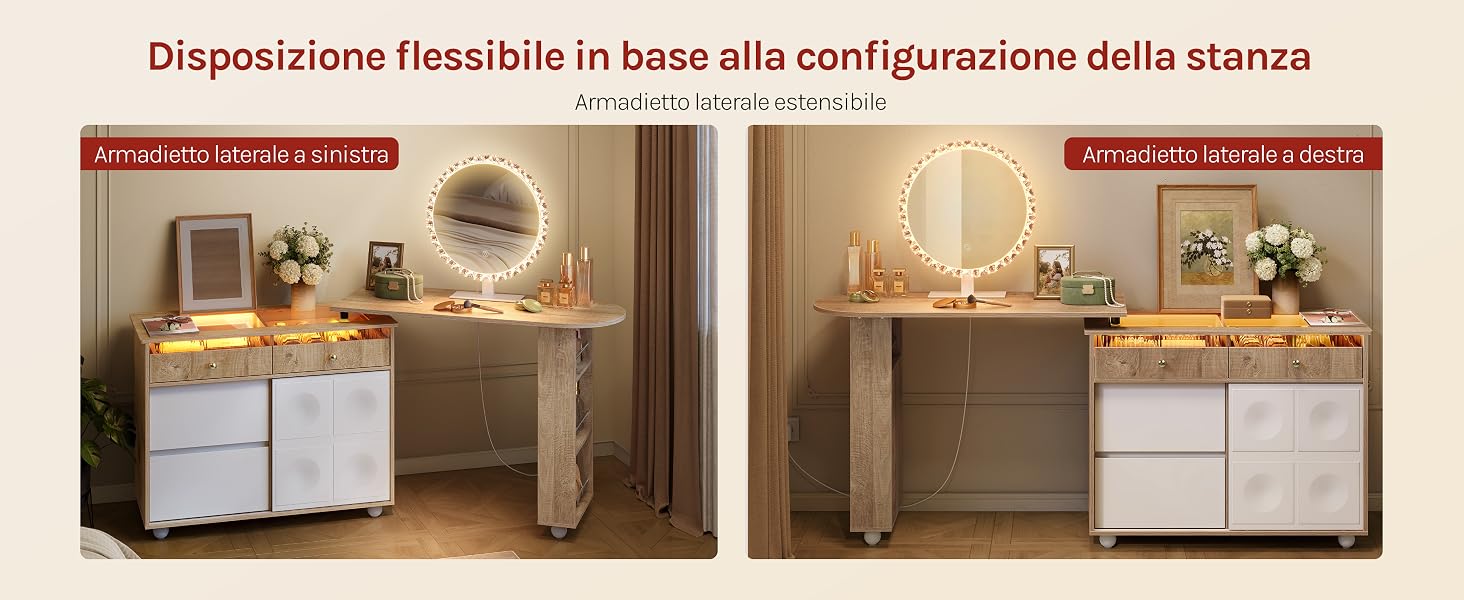 Il testo recita 'Disposizione flessibile in base alla configurazione della stanza' con le etichette di categoria 'PRODOTTO' e 'AMBIENTE AMBIENTE'. Due foto interne affiancate mostrano mobili contenitori in legno bianco e naturale con cassetti e scaffali aperti che espongono oggetti decorativi e piante in diverse configurazioni di stanza.