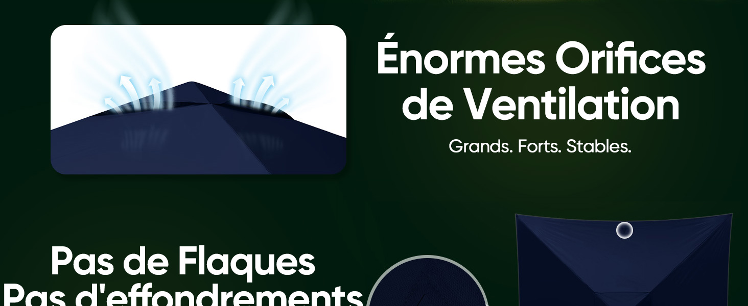 Le texte indique « Énormes orifices de ventilation » et « Grands, Forts, Stables ». Image marketing avec fond sombre mettant en valeur les caractéristiques de ventilation.