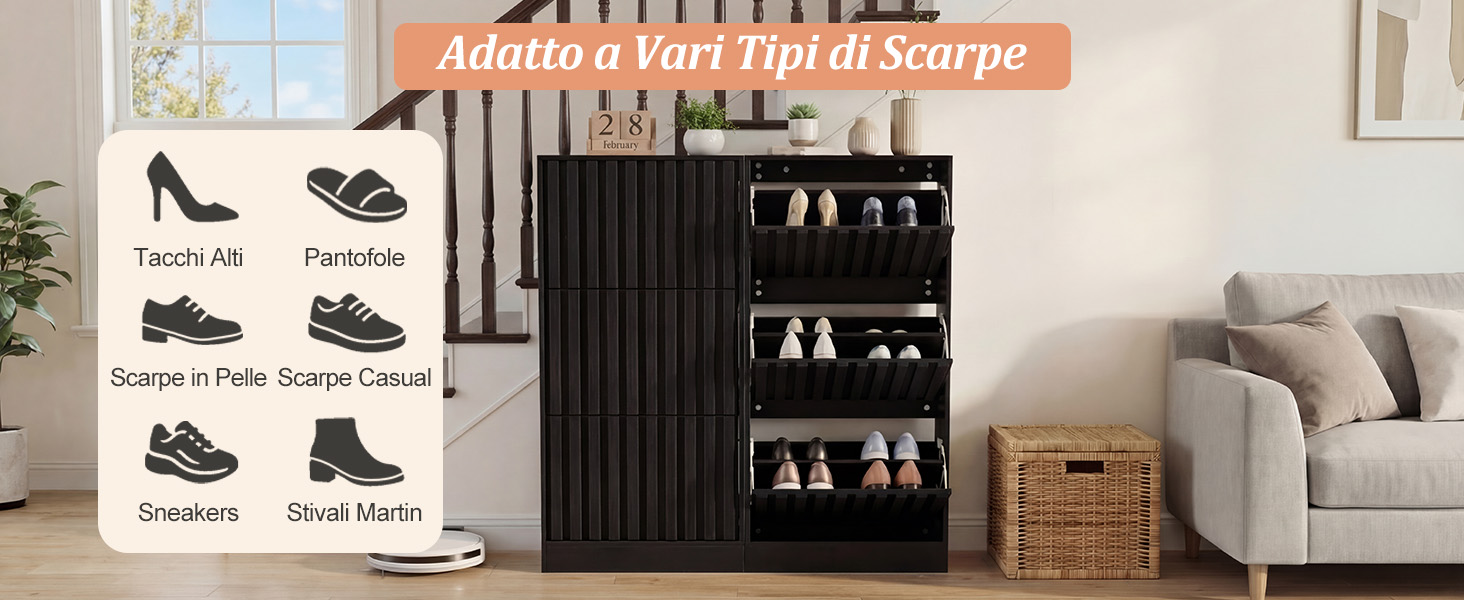 Il testo dice «Aggiunge ulteriore eleganza». Collage interno della stanza che mostra una scaffalatura verticale nera con più scomparti contenenti oggetti bianchi, adiacente a sedute imbottite beige chiaro contro una parete neutra.