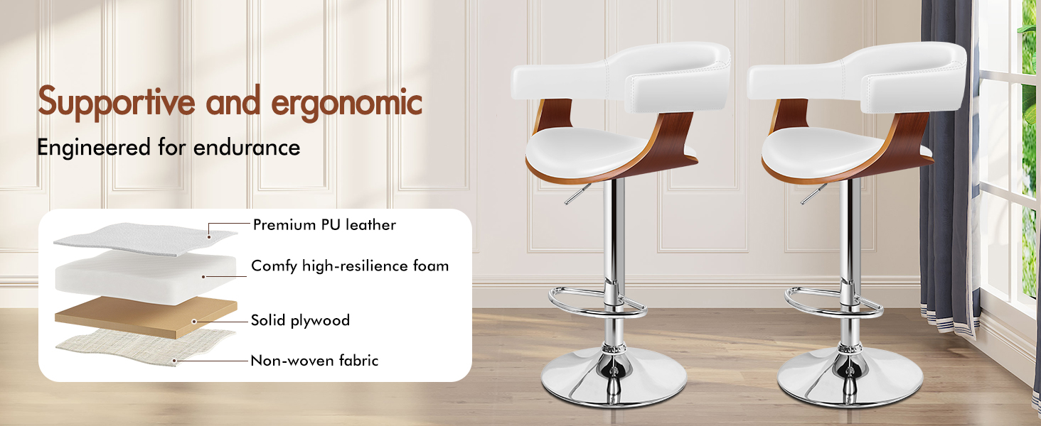 Text reads 'Supportive and ergonomic.' Product diagram showing white modern bar stools with plywood construction and adjustable height features.