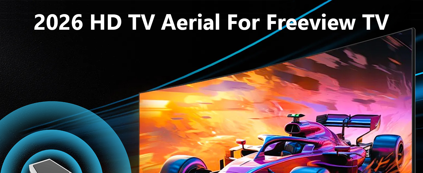 Text reads " HD TV Aerial For Freeview TV". Satellite dish antenna shown alongside colorful HD television display screen showing vibrant sunset imagery.