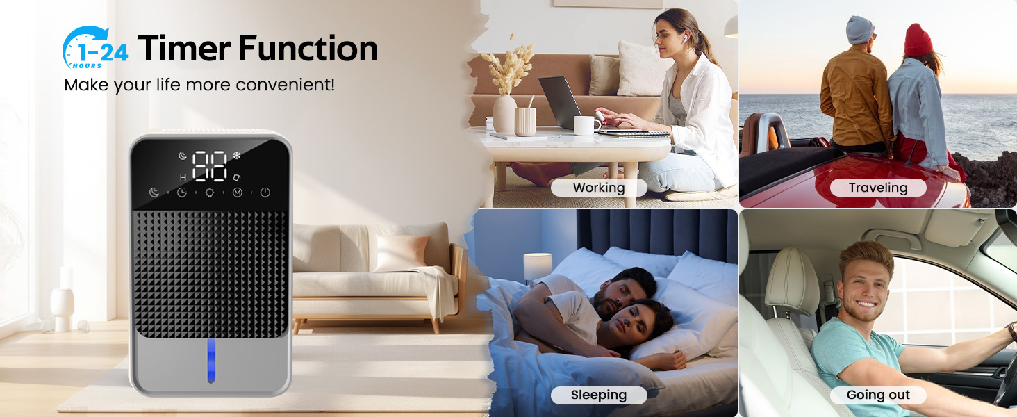 Der Text lautet 'Timer-Funktion'. Mehrere Lifestyle-Bilder zeigen eine tragbare Klimaanlage für zu Hause mit einem sichtbaren digitalen Display.