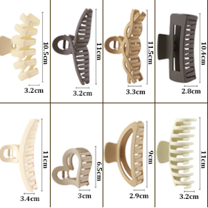 Collection of hair clips and barrettes in various sizes and designs, displayed in two rows with measurements ranging from 2.9cm to 4.2cm.