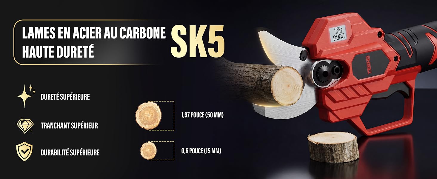 Le texte indique « LAMES EN ACIER AU CARBONE HAUTE DURETÉ SK5 ». Images de démonstration du produit montrant les composants et les caractéristiques des outils de coupe.