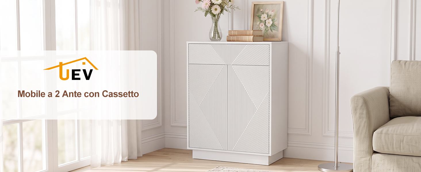 Il testo recita «UEV Móbile a 2 Aille com Cassetto». Armadio in legno bianco con cassetto contro parete bianca con opere d'arte incorniciate e sedia beige.
