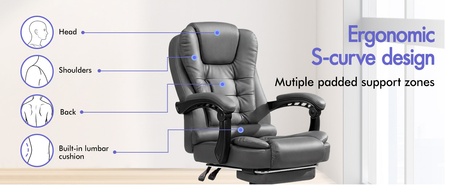 Text reads 'Ergonomic', 'S-curve design', 'Multiple padded support zones' with labeled features: Head, Shoulders, Back, Lumbar-Lumbar. Gray ergonomic office chair with S-curve design and multi-zone padded support, duplicate of Image 5.