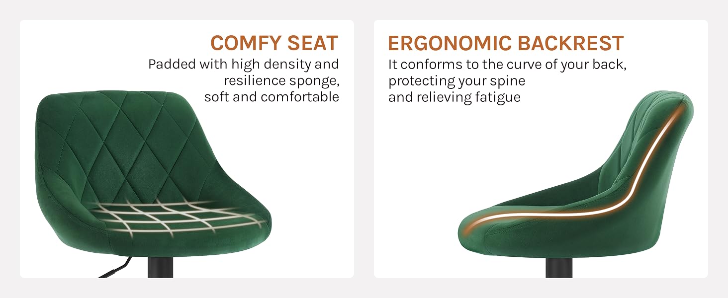 Green office chair with quilted seat and curved backrest. Features high-density padding for comfort and ergonomic design to support spine and relieve fatigue.