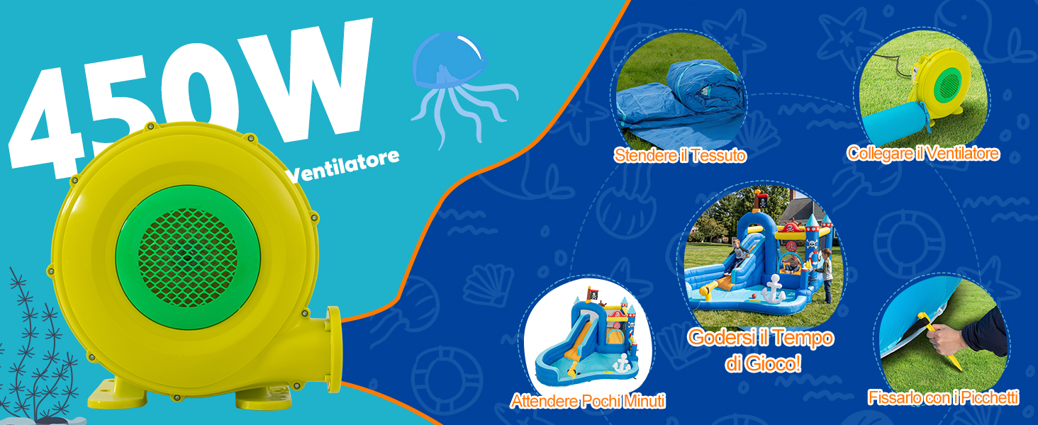 Il testo dice '450W'. Banner di marketing con sfondo blu che mostra sagome di attrezzature per il fitness e grafica promozionale.