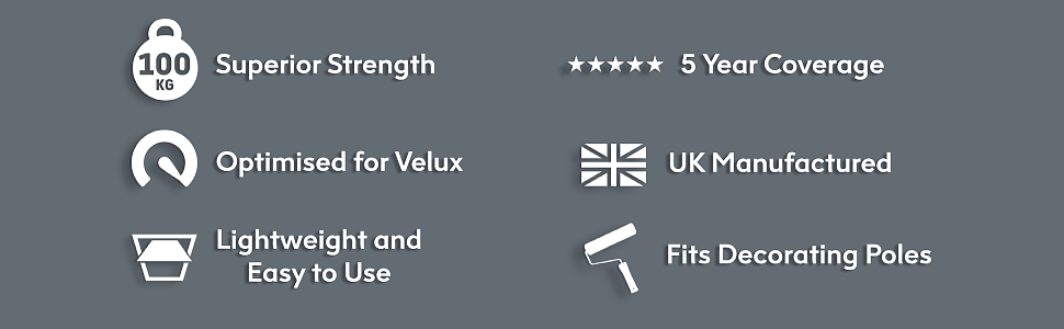 Product feature icons showing superior strength,  optimization, lightweight design, and UK manufacturing credentials with 5-year coverage.