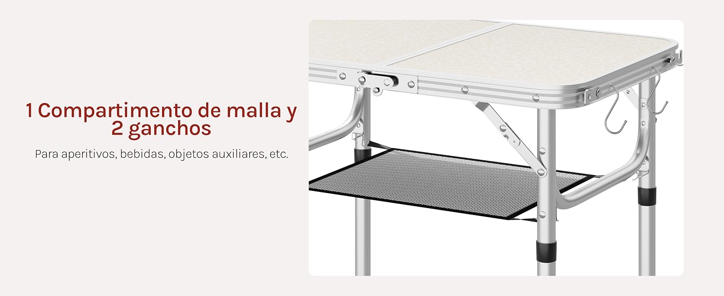 Mesa de malla metálica blanca con ganchos o perchas integrados que se muestra desde varios ángulos. Diseño limpio y minimalista con elementos de almacenamiento funcionales en la parte inferior.