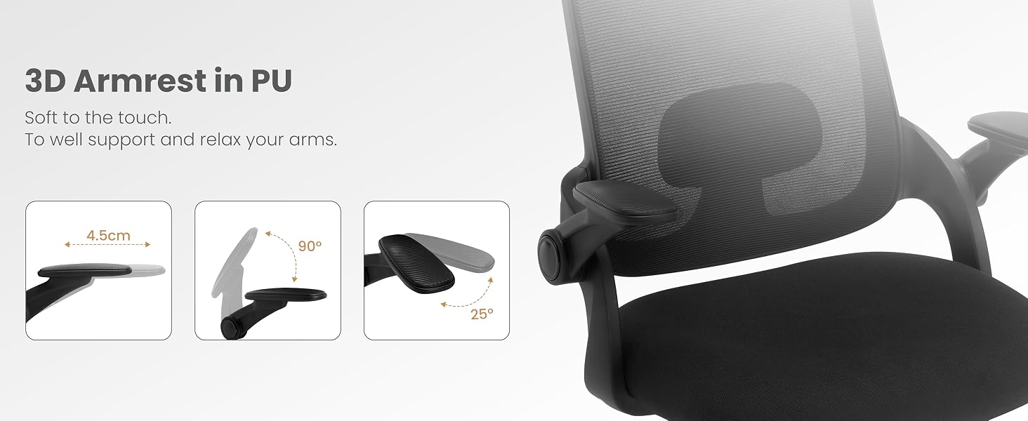 3D office chair armrest in black PU material, shown in three positions: extended, folded, and retracted. Title indicates '3D Armrest in PU'.
