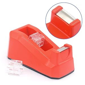 Red plastic tape dispenser with serrated cutting edge and clear plastic roller. Inset shows close-up of metal cutting strip.