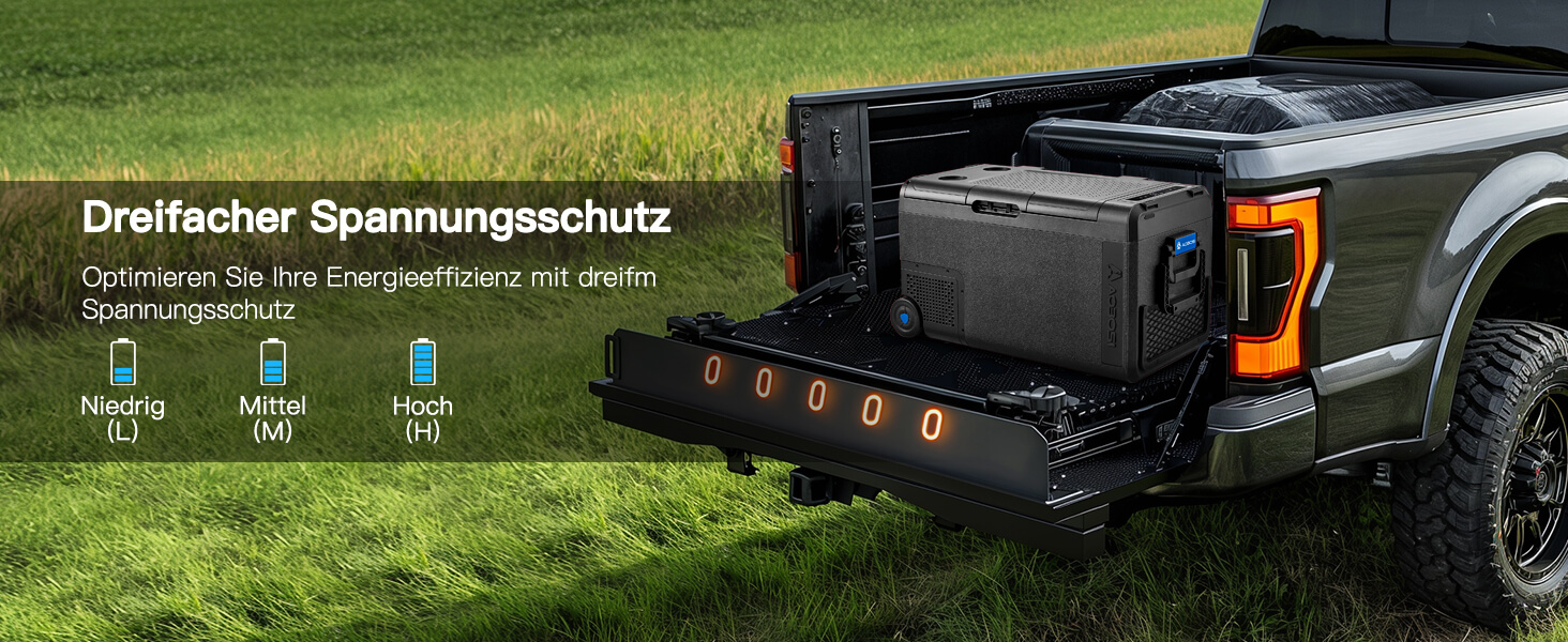 Schwarzes Ladeflächensystem mit mehreren Fächern und dreifacher Spannungsschutzfunktion für 12-V-, 24-V- und 36-V-Systeme