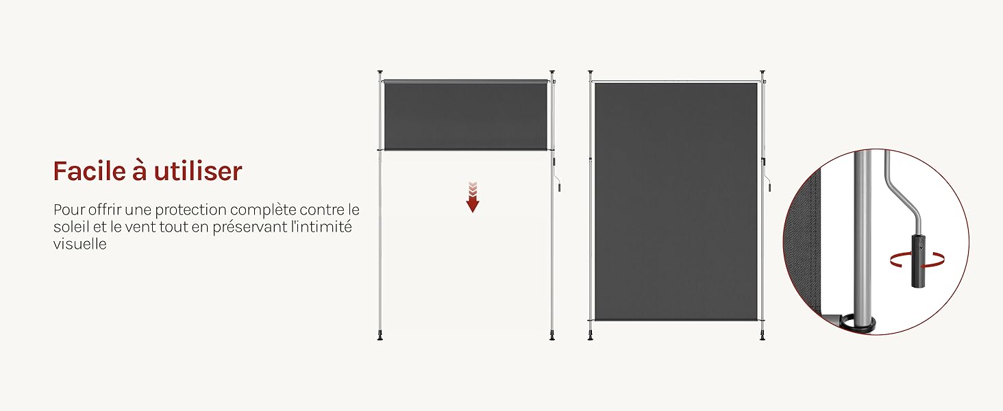 Le texte indique « Facile à utiliser ». Schéma technique présentant les instructions d'installation ou de montage avec flèches et mesures.