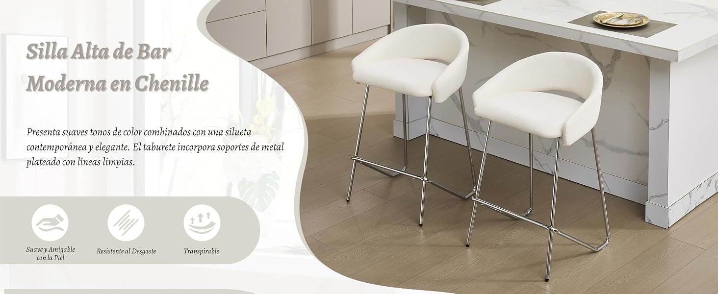 El texto dice «Silla Alta de Bar» y «Moderna en Chenille». Exhibición de productos de taburetes de bar modernos en diferentes ángulos y configuraciones.
